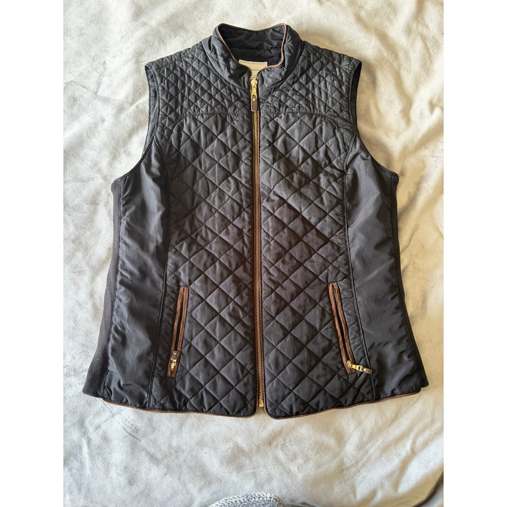 Charter Club Womens Black Quilted Vest Faux Suede Trim Gold Zip Large